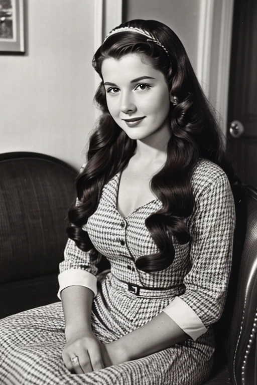 Medium view, of young aged, 22 year old, mom, gilf, milf, face portrait, jewish features, black and white, long hair, brown hair, 1940s hair style, 1940s dress, in cozy home 1936, 