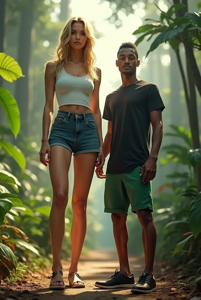 ("man much shorter than woman"),tropical forest, a 2 meter tall blonde woman, wearing It Girl High Waist Jean Shorts and a short dry fit t-shirt, next to a 1.74 meter tall black man, wearing green dry fit shorts and a black t-shirt, wearing leather shoes, surviving in a tropical forest, man shorter than the woman, black man, white women, hyper detailed, full hd, 4k,  man shorter than the woman hyper realistic 