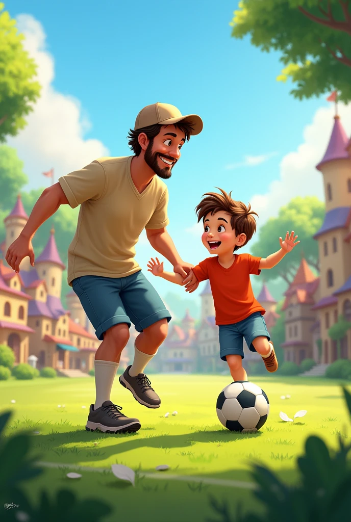 Disney-style poster of a 35-year-old dad with his 10-year-old son happily playing soccer