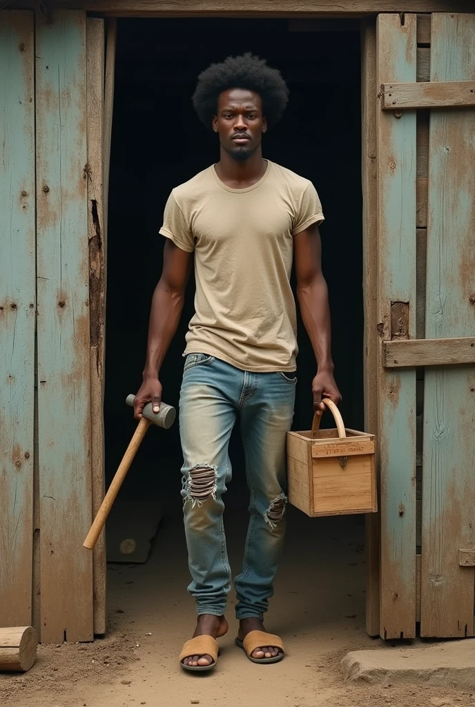 An athletic, short poor guy with middle afro hair, short in height, dressed in torn jeans and t-shirt, wearing bathing slippers, with a wooden tool box and a wooden hammer in his hand, stepping out from an old plank house in the ghetto areas