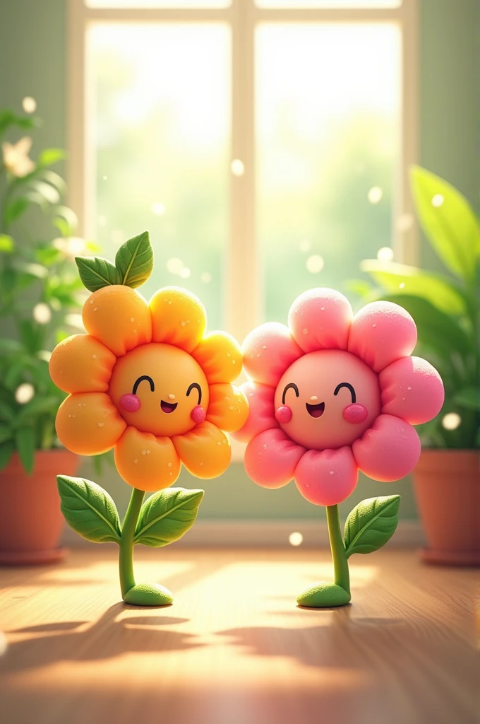 Create an image of two adorable, cartoonish flower characters, one rose and one pink, both with cheerful smiles and tiny arms and legs. They have glossy, semi-transparent surfaces with tiny water droplets, and each has a small leaf on top. The background features a bright and airy indoor setting with green plants and soft natural light, creating a cozy atmosphere. The scene conveys a sense of happiness and friendship, with a gentle bokeh effect in the background.