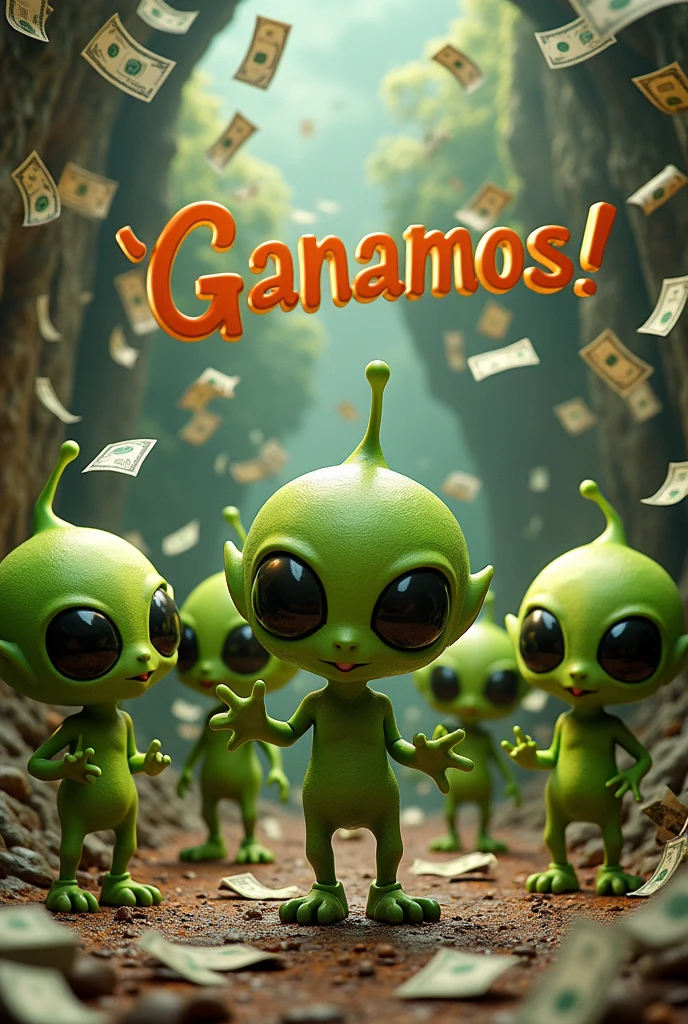 Image that only says the word in Spanish (I don't want in English) "WE WON!" And in the background green Martians from another planet and many money bills falling