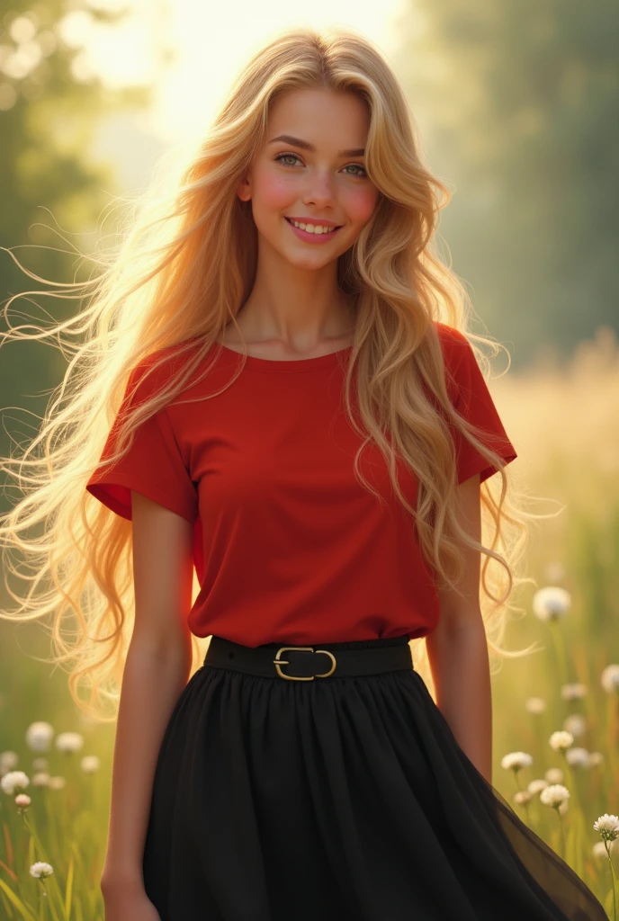 Make a beautiful teenage girl with long, wavy blonde hair, with a red t-shirt and a black skirt.