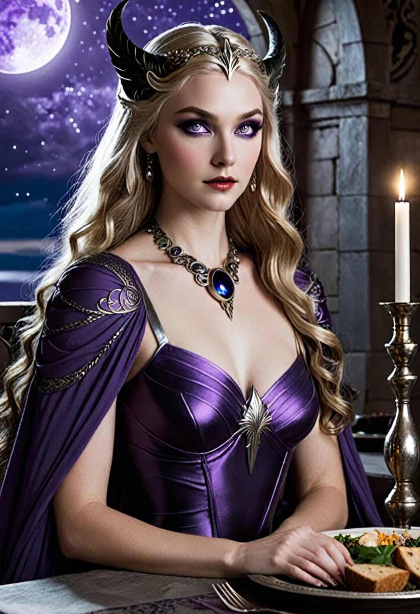 Goddess of the night nix, with her hair as long as the black night, violet eyes, your dark powers, skin as pale as the moon, but the most beautiful is the most mysterious of the goddesses, and she was sitting at the table during a dinner in Asgard
