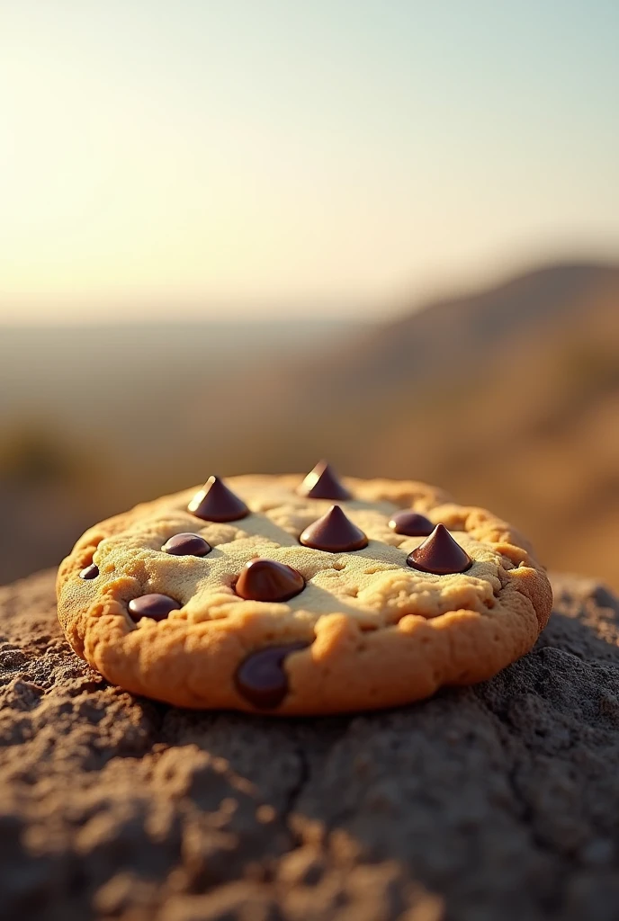A picture of a chocolate chip cookie lying on the horizon that is perfectly blended in the background, perfect and delicious, aesthetic, realistic

