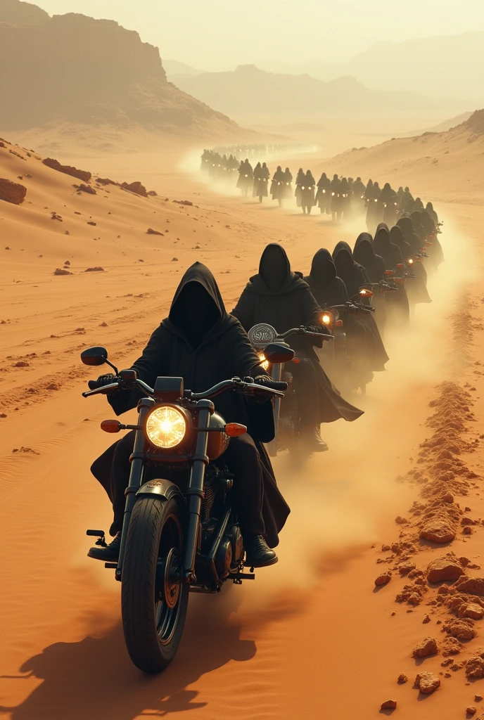 14 wizards riding Harley Davidson motorcycles on a long desert road 