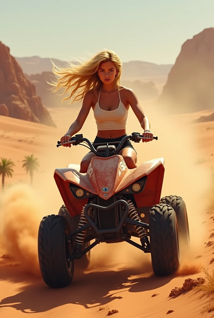 Une femme blonde est assise sur un quad tout-terrain dans le désert de Dubaï. Elle a de longs cheveux blonds, partiellement couverts par un foulard traditionnel blanc et rouge enroulé autour de sa tête pour la protéger du soleil et du sable, comme il est courant dans le désert. Sa silhouette est provocante, avec des formes voluptueuses, et elle porte une tenue légère composée d'un haut court ajusté et d'un short moulant qui mettent en valeur ses courbes. Elle tient fermement le guidon du quad, le regard fixé sur l'horizon, avec une expression de détermination et de confiance. Les dunes de sable doré s'étendent à perte de vue tout autour, avec des ondulations sculptées par le vent. Le soleil brille intensément dans le ciel bleu, créant des ombres contrastées et des reflets dorés sur le sable, ajoutant une ambiance chaude et aventurière à la scène.

