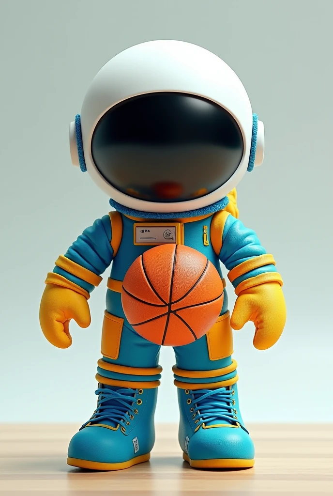 An astronaut with a basketball, in arigurumi format to do the same way but with trigena skin, and the blue and yellow suit, but the white helmet


