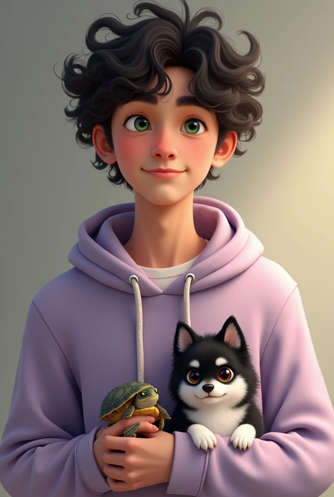 Generate a light skin man with black curly hair,green eyes wearing a lilac hoodie and black jeans,along with a black and white Pomeranian dog and a  turtle pet.