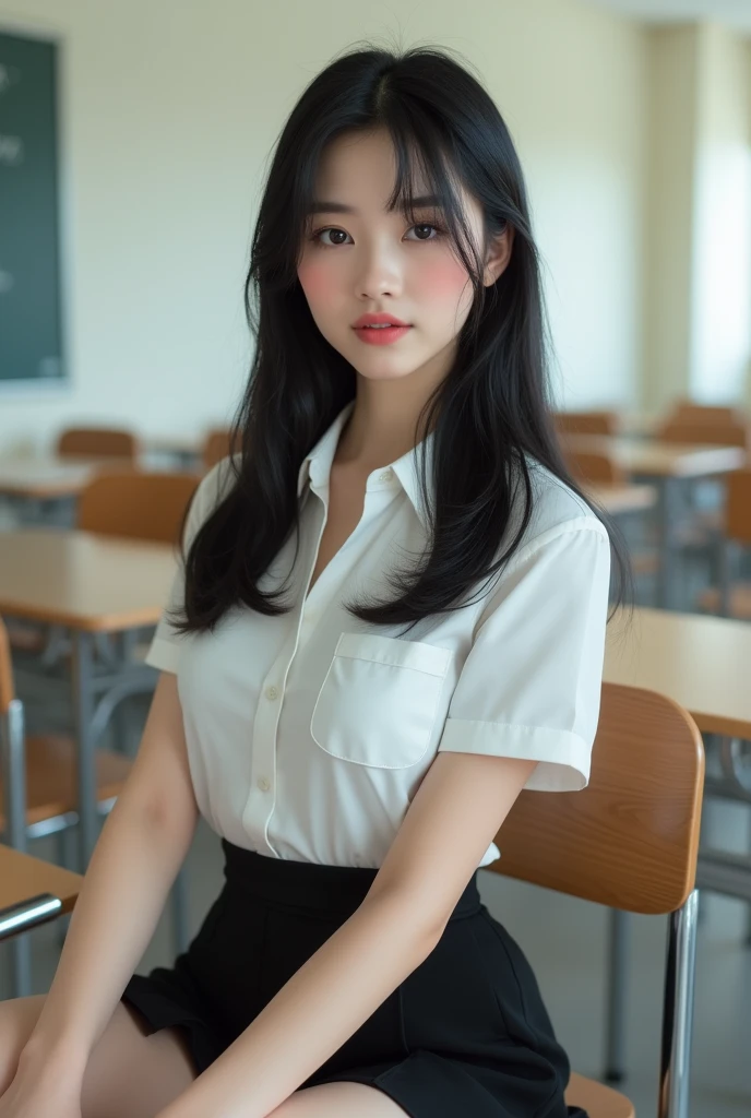 Thai women 1 are cute, with lots of cheeks with with skin, black stright hair, (no bra, Take off half your shirt), wearing a Thai student uniform, a white short sleeved shirt, a black short skirt Show thighs, sitting and posing in a modern classroom. The background is a classroom, modern student desks and chairs. The most realistic picture.