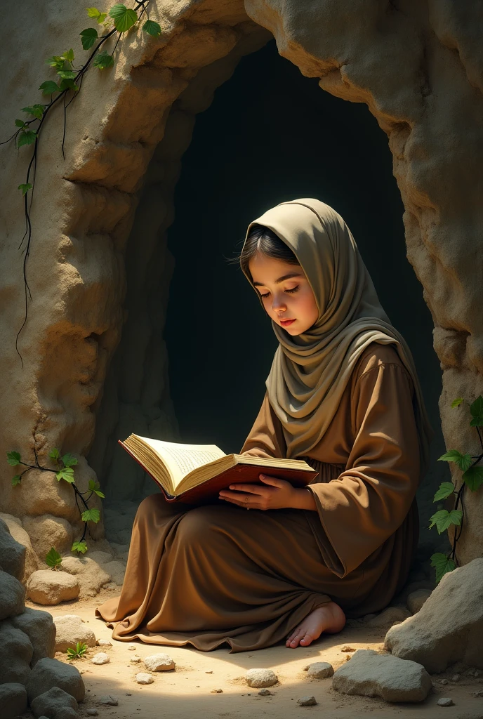 A young girl muslim hijab sits inside a dimly lit cave, illuminated by a soft light streaming through a crack above. He wears a simple brown robe, contrasting with the rugged stone background. His expression is thoughtful as he gazes at an old book in his hands. The painting embodies a classical Renaissance aesthetic, with delicate artistic details, such as the interplay of light and shadow on his face and body, and the texture of the cave’s rocks. Around him, vines grow wild along the cave walls, adding a natural and magical touch​