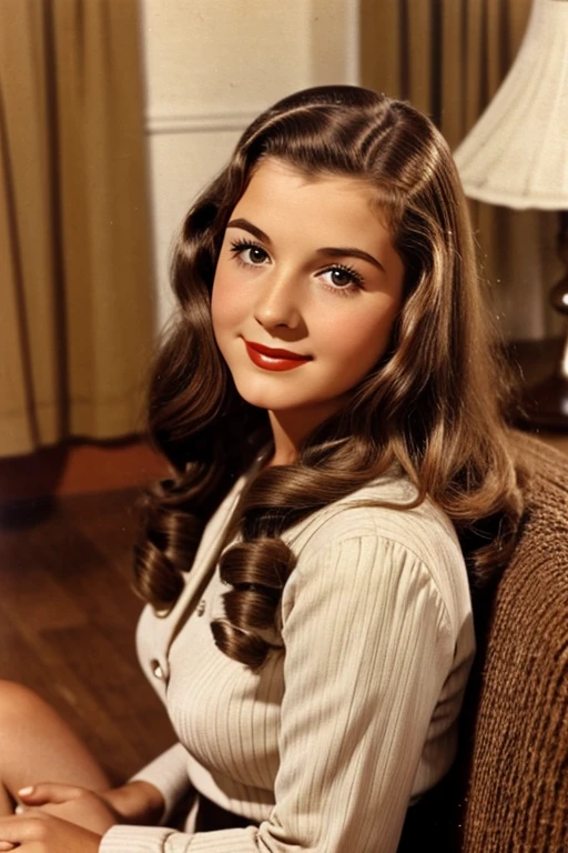 Medium view, of young aged, , mom, gilf, milf, face rait, jewish features, long hair, brown hair, 1940s hair style, 1940s dress, in cozy home 1936,