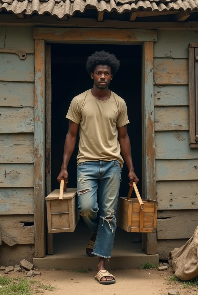 An athletic, short poor guy with middle afro hair, short in height, dressed in torn jeans and t-shirt, wearing bathing slippers, with a wooden tool box and a wooden hammer in his hand, stepping out from an old plank house in the ghetto areas