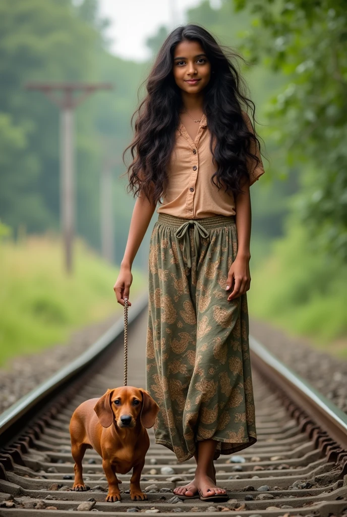 "A indian girl with long wavy hair standing confidently in an outdoor setting, similar to the one in the uploaded image. She is accompanied by a friendly Dachshund dog by her side. The scene features a natural, peaceful background, like a quiet railway track surrounded by greenery, to match the vibe of the original photo."
}
```
