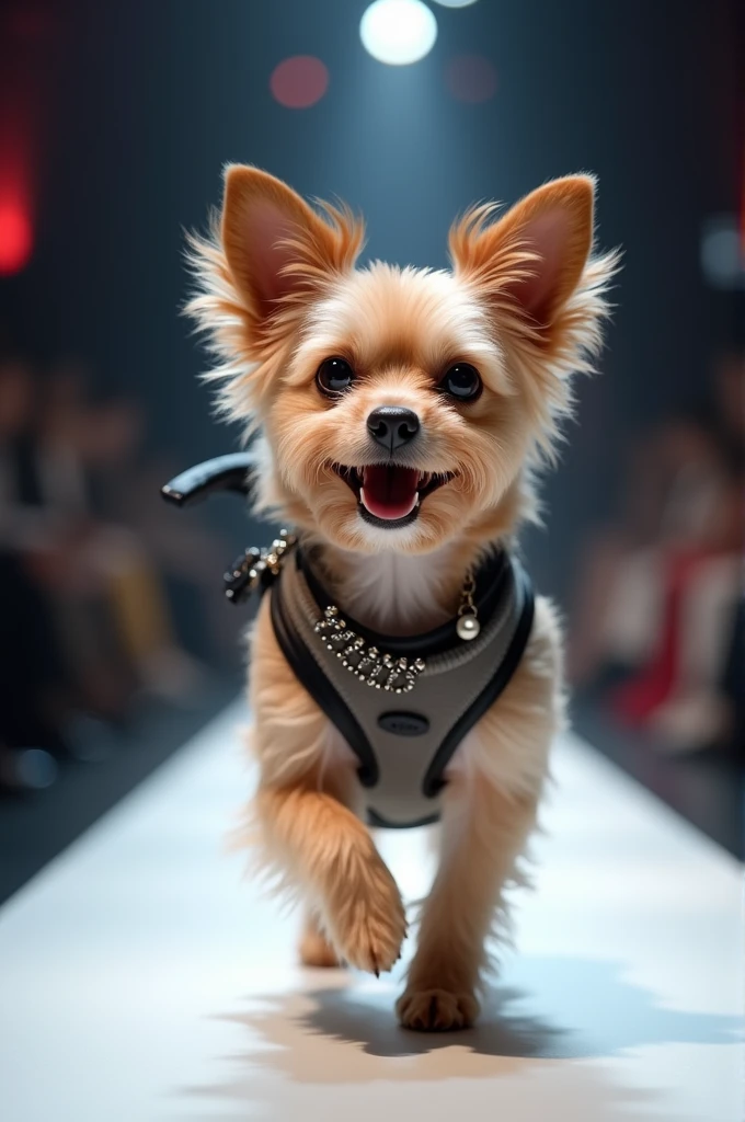 A cute little dog,Smiling,Very confident wearing fashionable style showing on the catwalk,The background is the catwalk.HD camera captures scene images.