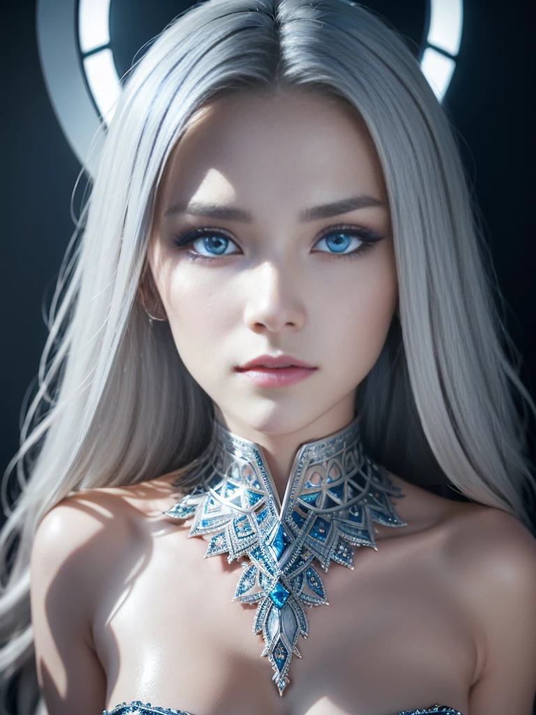 8k, (full body shot:1.4), 20-year-old Swedish girl, raw, Beautiful woman, (straight gray hair), Crystal-encrusted girl, sexy poses, The white skin is inlaid with transparent crystal, ((lens)), The structure is made of crystals, Hourglass body, intricate, beautifull face, elegant, highly detailed, digital hyperrealistic photography, hyperrealistic photography filigree, shyness, most beautyfull face, (masterpiece, sidelighting, (finely detailed beautifull blue eyes: 1.2)),