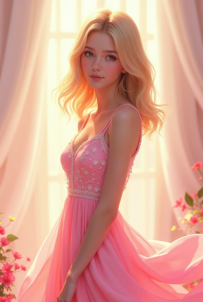 A blonde teenager with medium, straight hair, pink sheath with flowers 