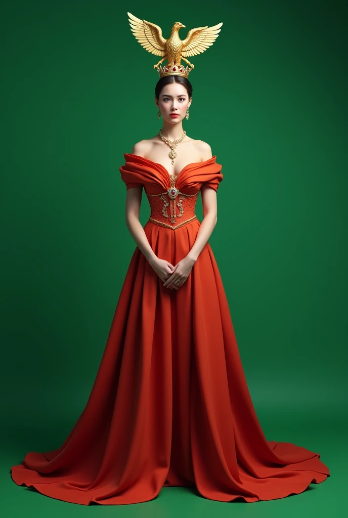 crown on the head ,A queen , colour queen dress, top eagle viewed ,
, plain green screen background