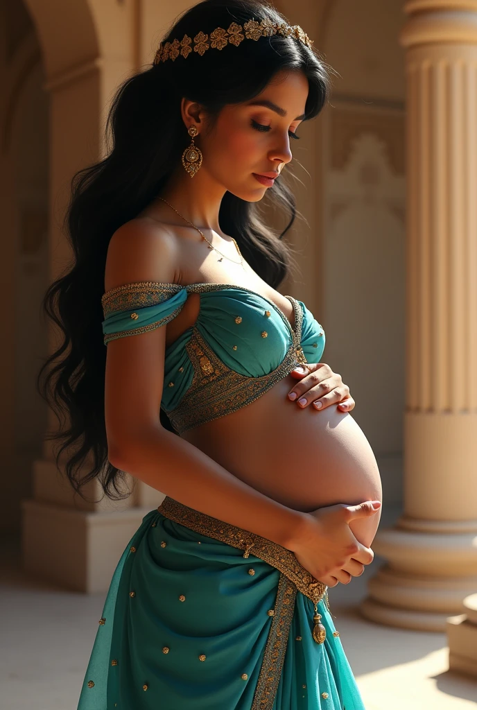 A stunning portrait of Princess Jasmine She is pregnant, holding her belly, the blue genie is holding her, location is ancient Arabia, Mesopotamia, ancient India, temple, young and beautiful, hyper realistic, real portrait, backlit, exquisite features, cleavage, sexy, seductive, natural light, soft light,  pregnant, large belly, embodiment of love, bare belly,