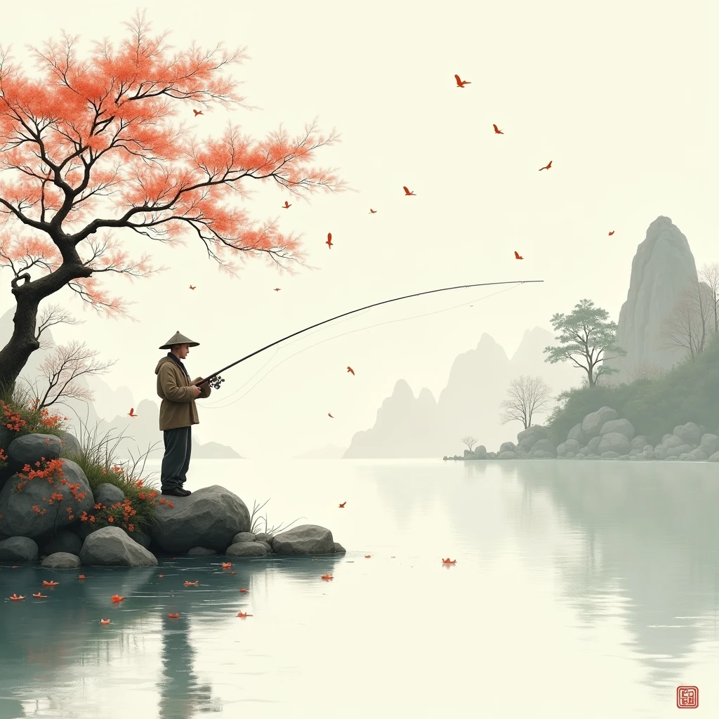 angler Fishing, scene of pure joy, Chinese ink brush art style, graceful brushwork, elegant compositions, traditional motifs, professional-grade execution, captures the essence of Chinese culture and aesthetics, (best quality, masterpiece, photorealistic), very aesthetic, perfect composition, intricate details, ultra-detailed, vivid colors