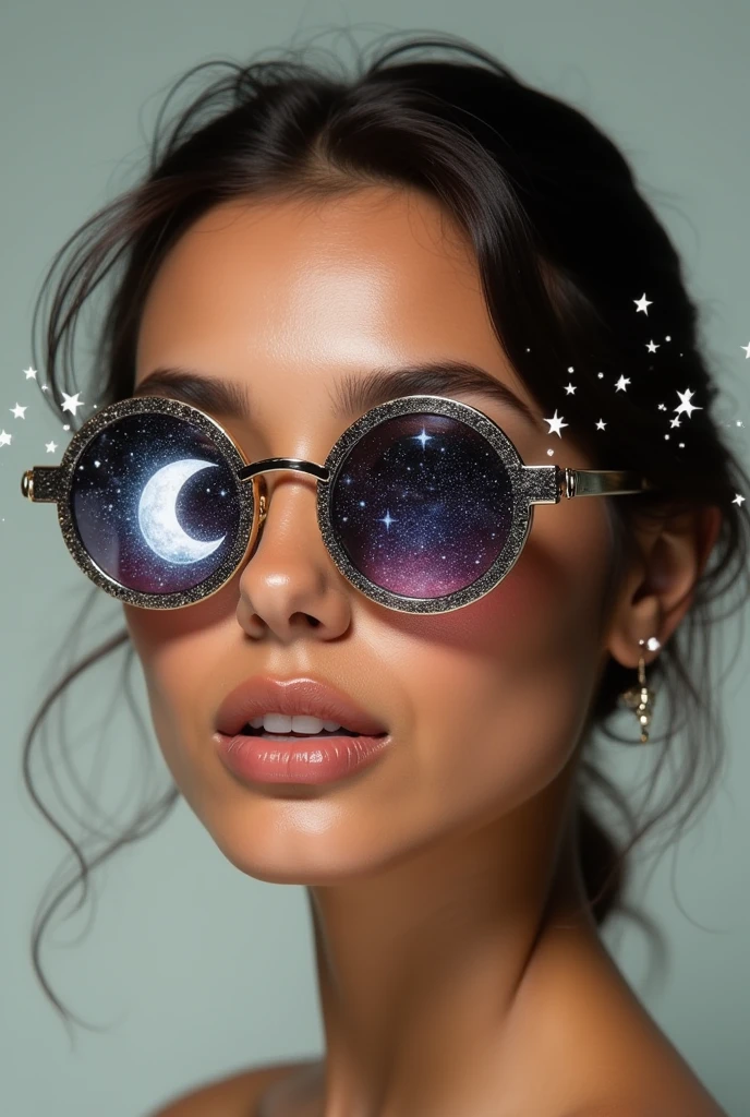 The model is wearing glass sunglasses with stars and the moon on the glass
