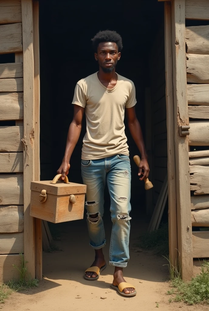 An athletic, short poor guy with middle afro hair, short in height, dressed in torn jeans and t-shirt, wearing bathing slippers, with a wooden tool box and a wooden hammer in his hand, stepping out from an old plank house in the ghetto areas