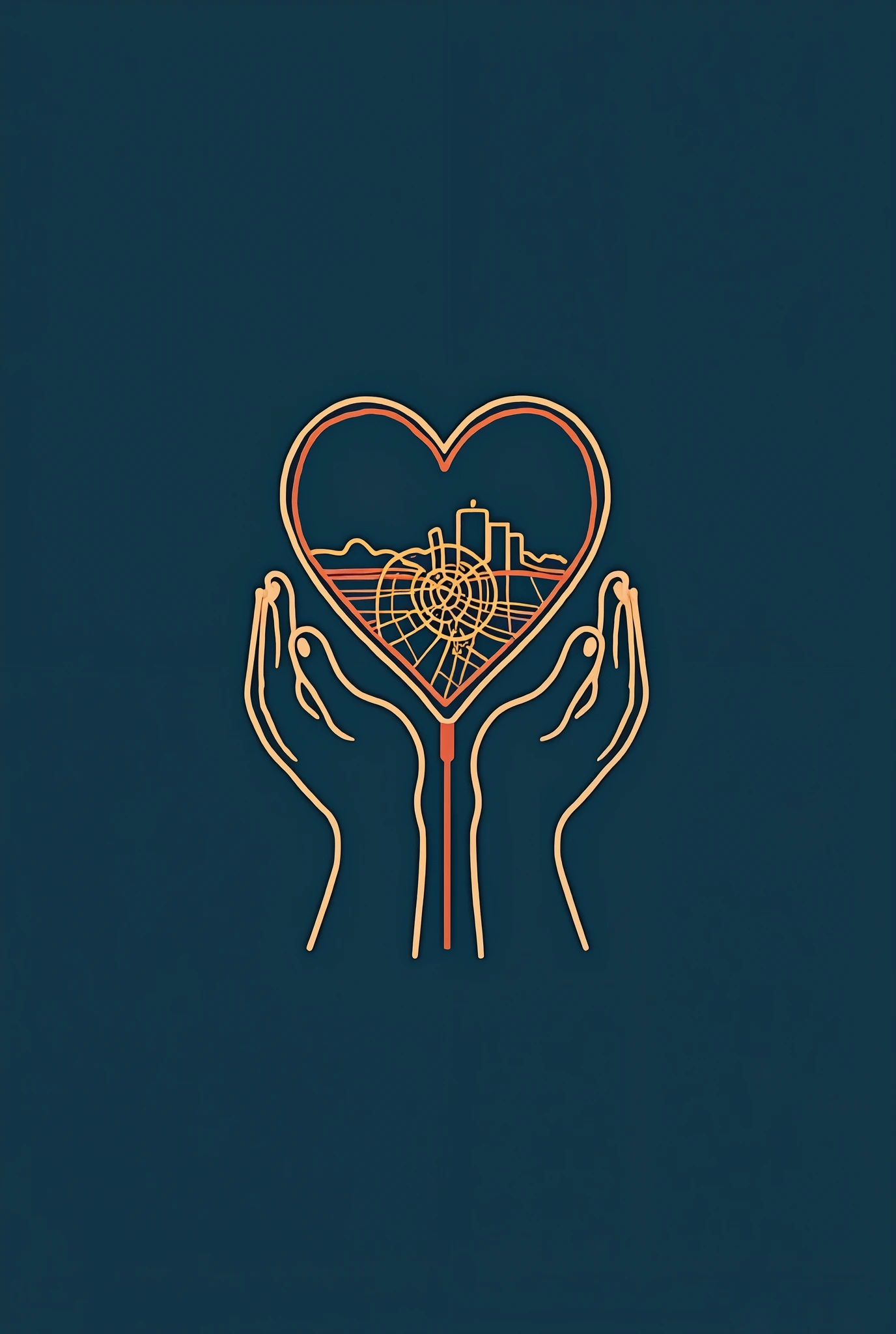 A logo for an organization titled "The Heart of Dhaka." The logo will contain two hands holding a heart shape attached to the index fingers by a string. The heart will have the map of Dhaka in the middle. The background color will have the code #13265C . The hands will not be 3d. they will be drawn with one line which will also be continuous with the heart in the middle. The line making up the hands will have the color code #BDDBD0 . The heart will have the color code #F42A41 and the Dhaka map in the middle will be in the color of code #006A4E