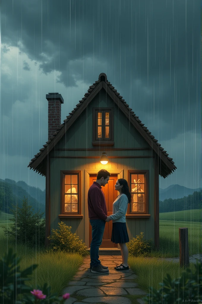 A couple getting caught in the rain in front of their house in the countryside.