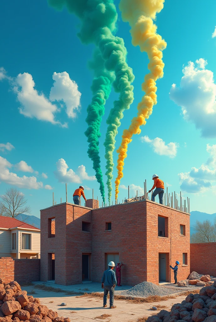 Realistic 8K image showing bricklayers working on a house construction. Workers are focused on several tasks, such as wall construction and finishing. The scene has a vibrant blue sky, predominating shades of blue throughout the image. in the sky, planes write the word 'URBPLAN' with green and yellow smoke, creating a dynamic and eye-catching contrast. The details of the work and the surrounding environment reinforce the feeling of work in progress., with a color palette that harmonizes with the elements of the sky
