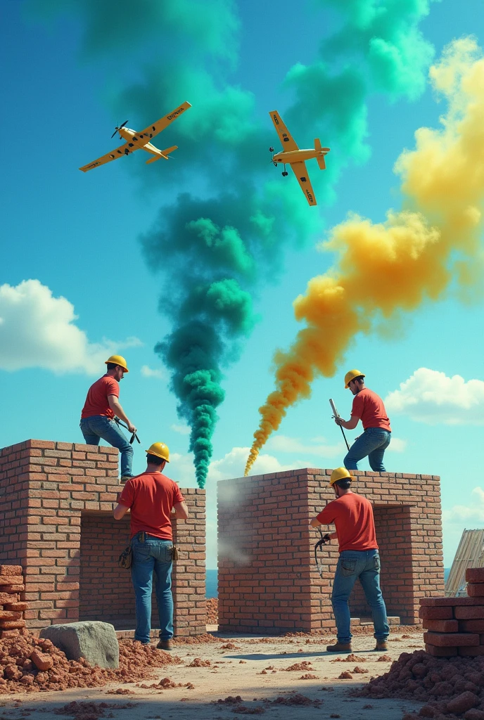 Realistic 8K image showing bricklayers working on a house construction. Workers are focused on several tasks, such as wall construction and finishing. The scene has a vibrant blue sky, predominating shades of blue throughout the image. in the sky, planes write the word 'URBPLAN' with green and yellow smoke, creating a dynamic and eye-catching contrast. The details of the work and the surrounding environment reinforce the feeling of work in progress., with a color palette that harmonizes with the elements of the sky
