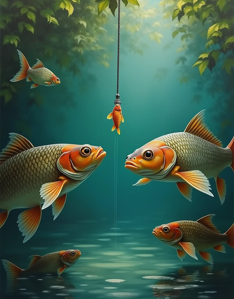 dwelling in a pond, fish look at the bait on the hook (painting in the style of Bouguereau), ((fresh oil palette canvas/acrylic)), Intricate, Extreme Detail, Complex key, ((Single Shot)), ((Best Quality)), ((Masterpiece)), ((Realistic)), 8k