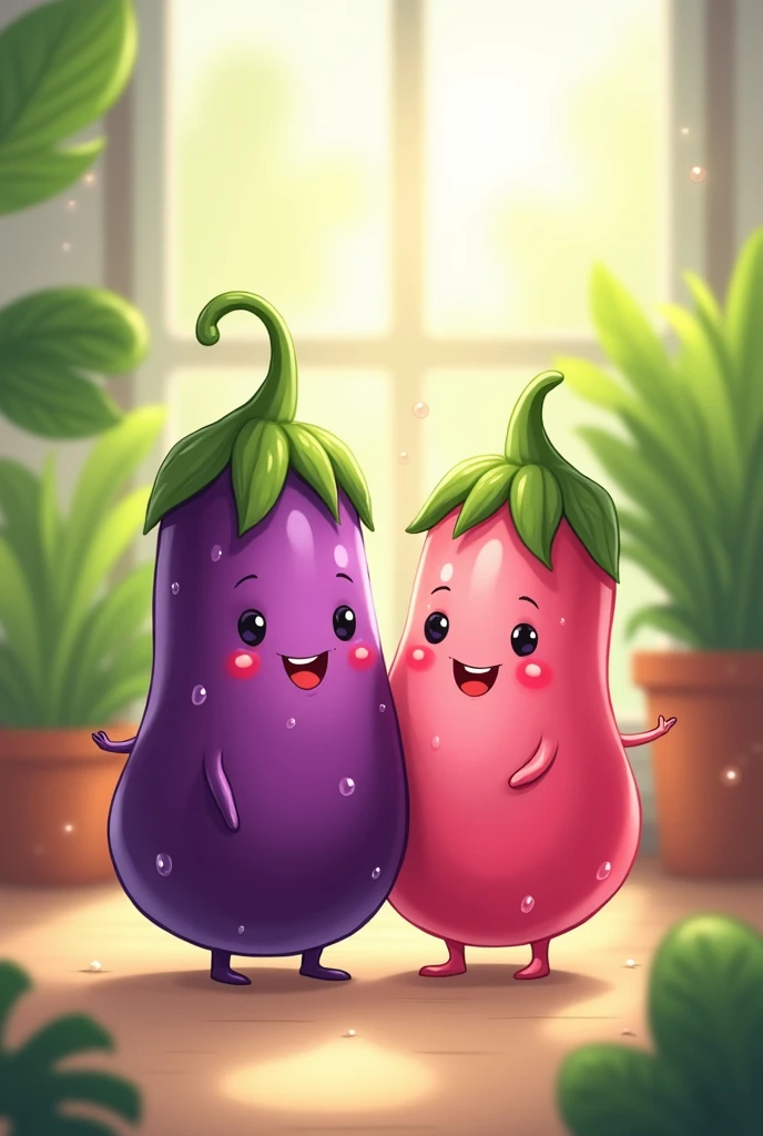 Create an image of two adorable, cartoonish Brinjal characters, one Brinjal and one pink, both with cheerful smiles and tiny arms and legs. They have glossy, semi-transparent surfaces with tiny water droplets, and each has a small leaf on top. The background features a bright and airy indoor setting with green plants and soft natural light, creating a cozy atmosphere. The scene conveys a sense of happiness and friendship, with a gentle bokeh effect in the background.