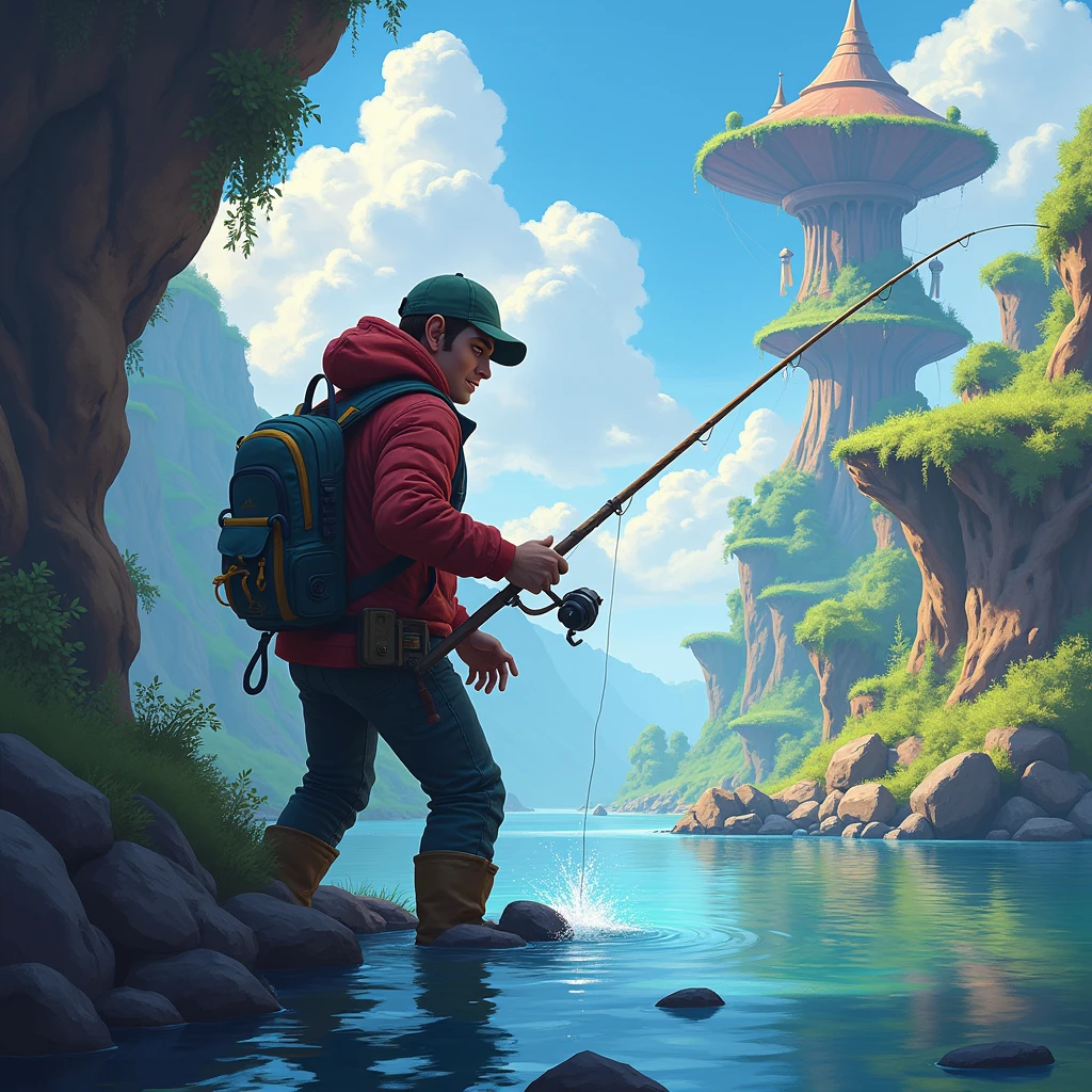 angler Fishing, digital painting art style, fantasy video game concept art style, dynamic and richly detailed composition, vibrant colors, action-packed scene, emphasizes dramatic poses and expressive faces, immersive environments with fantasy backgrounds, designed to draw viewers into fantastical worlds, typical for character and environment designs in video games, (best quality, masterpiece, photorealistic), very aesthetic, perfect composition, intricate details, ultra-detailed, vivid colors