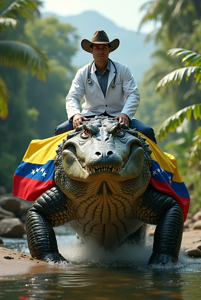 Image of a male doctor with a cowboy hat riding a giant 650kg crocodile with a Venezuelan flag