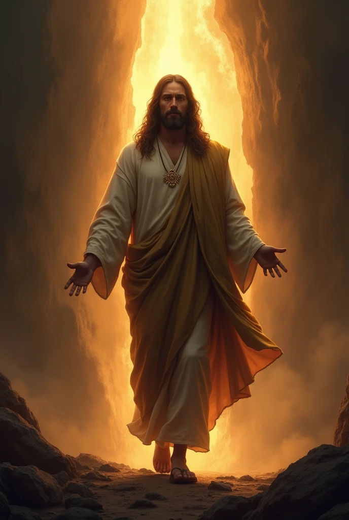 "Create a classic image of Jesus with a powerful aura in a dark, somber setting. Jesus should be depicted in traditional attire, such as a robe and sash, with long hair and a beard, reflecting classic depictions. He should be shown standing or walking with a radiant aura surrounding Him, casting a warm and divine light that contrasts with the dark surroundings. The background should be a shadowy, desolate landscape, with hints of darkness and gloom. The aura should create a striking contrast, highlighting Jesus' figure and emphasizing His divine presence and authority. The scene should convey a sense of hope and strength emerging from the darkness, with Jesus as the central source of light and power."




















