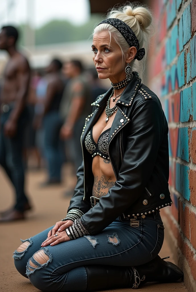 russian old milf woman, platinum blonde hair (top bun) and black parsleybandana as headband, with very light blue eyes, extremely pale. Wearing studded cropped black moto jacket (with lots of zippers and pins), black and white lace push up bra , dark skinny blue jeans with holes on knees and pointy black Chelsea boots with cuban heels . Studded Choker. Lots of metallic and studded bracelets and long collars. Tacky wide studded leather belt with oversized skull and bones buckle. Long earrings. Kneeling like in prayer, looking at the camera, humble facial expression. Hands on her knees, Listening in amazement to somebody speaking to her, toned six pack abdominals, thin neck, slim legs and thin arms. Tattoed heavily. Graffitied brick wall in Nairobi, people crowded behind her