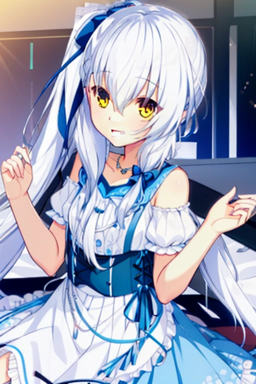 ((masterpiece)),(( best quality)),1 Girl,Solitary,Long hair,Side Ponytail,Yellow eyes,skirt,Jewelry,necklace,White hair,Looking at the audience,Ribbon,hair Ribbon,white skirt,blue Ribbon,Hair between the eyes,bow,Upper Body,Bare shoulders,hair bow,Ruffles,Short sleeve,Bangs,on the bed,Stick out your tongue