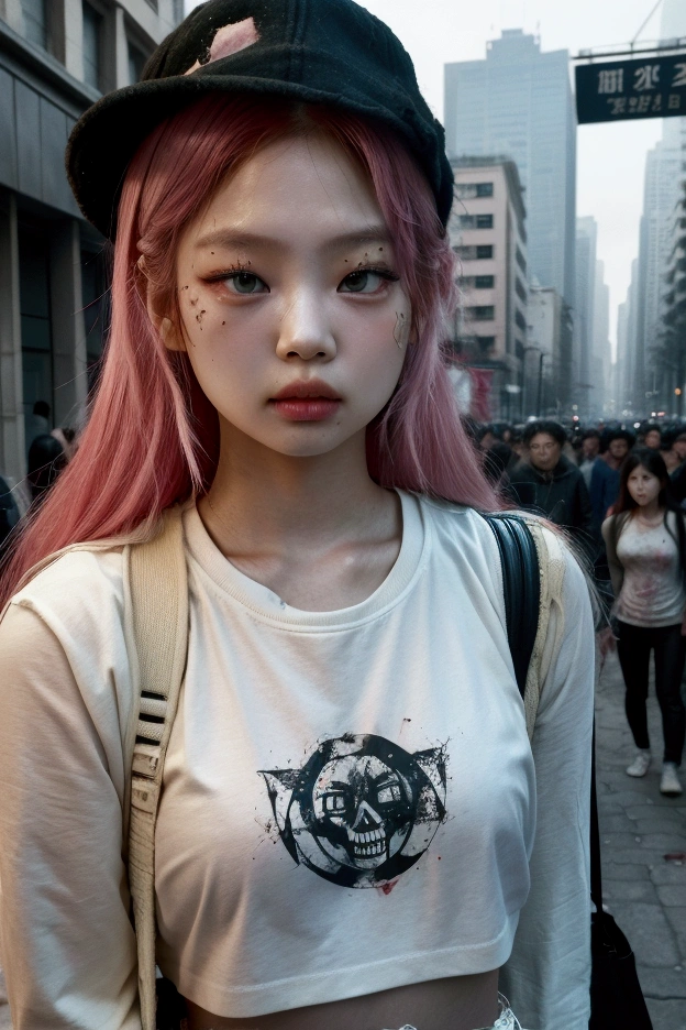 A photo of a young woman, asia, Jennie Kim, Blackpink, with vibrant pink hair standing amidst a crowd of zombies. She wears a distressed white shirt stained with blood and has a piercing on her lower lip. The zombies around her display various degrees of decay, with some having exposed brains and others showing open wounds. The setting appears to be an urban environment, possibly a street, with buildings in the background.