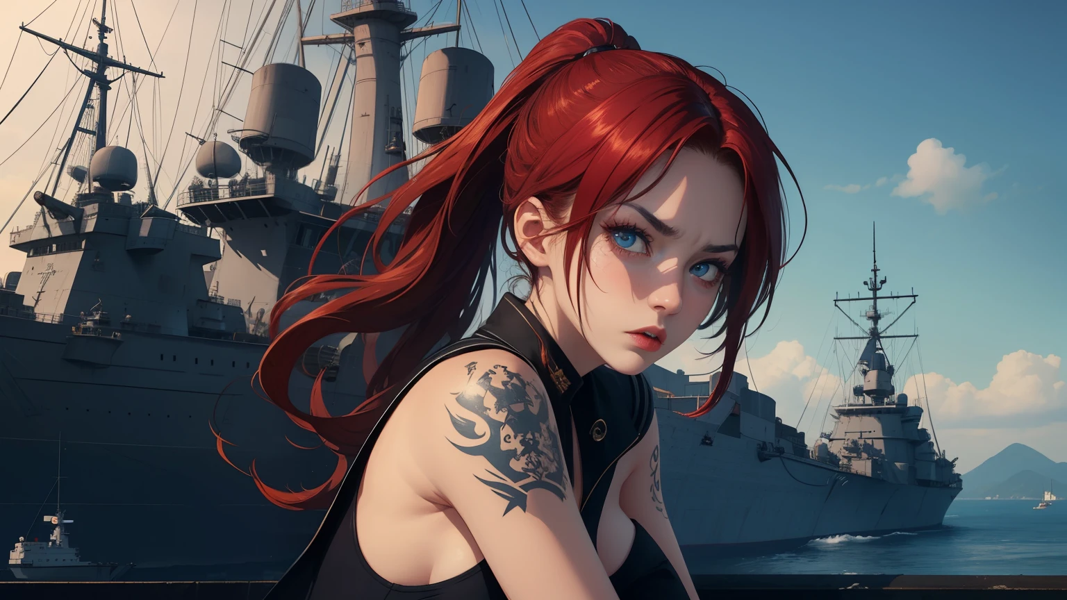 Hot young woman, long red hair, ponytail, admiral's uniform, many nautical tattoos, black make-up, high boots, high quality, best quality, high details, blue eyes, perfect body, old battleship in backround, dangerous, serious face, navy, guns, masterpiece, multi layer, angry, scar on her right eye
