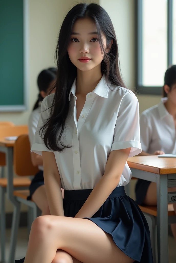 Thai women 1 are cute, with lots of cheeks with with skin, black stright hair, (no bra, Take off half your shirt), wearing a Thai student uniform, a white short sleeve shirt, a black short skirt Show thighs, sitting and posing in a modern classroom. The background is a classroom, modern student desks and chairs. The most realistic picture.