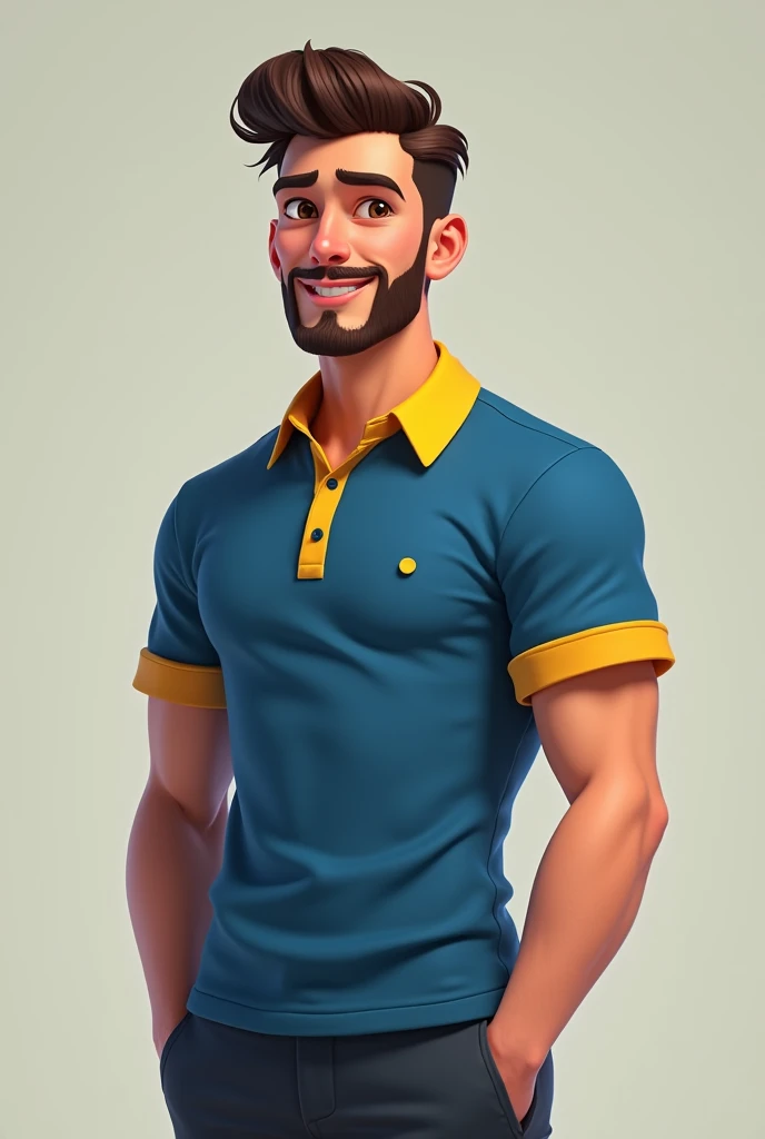 Make a young adult man big nose, short beard, hair with quiff. This one is wearing a blue polo shirt with a yellow collar..