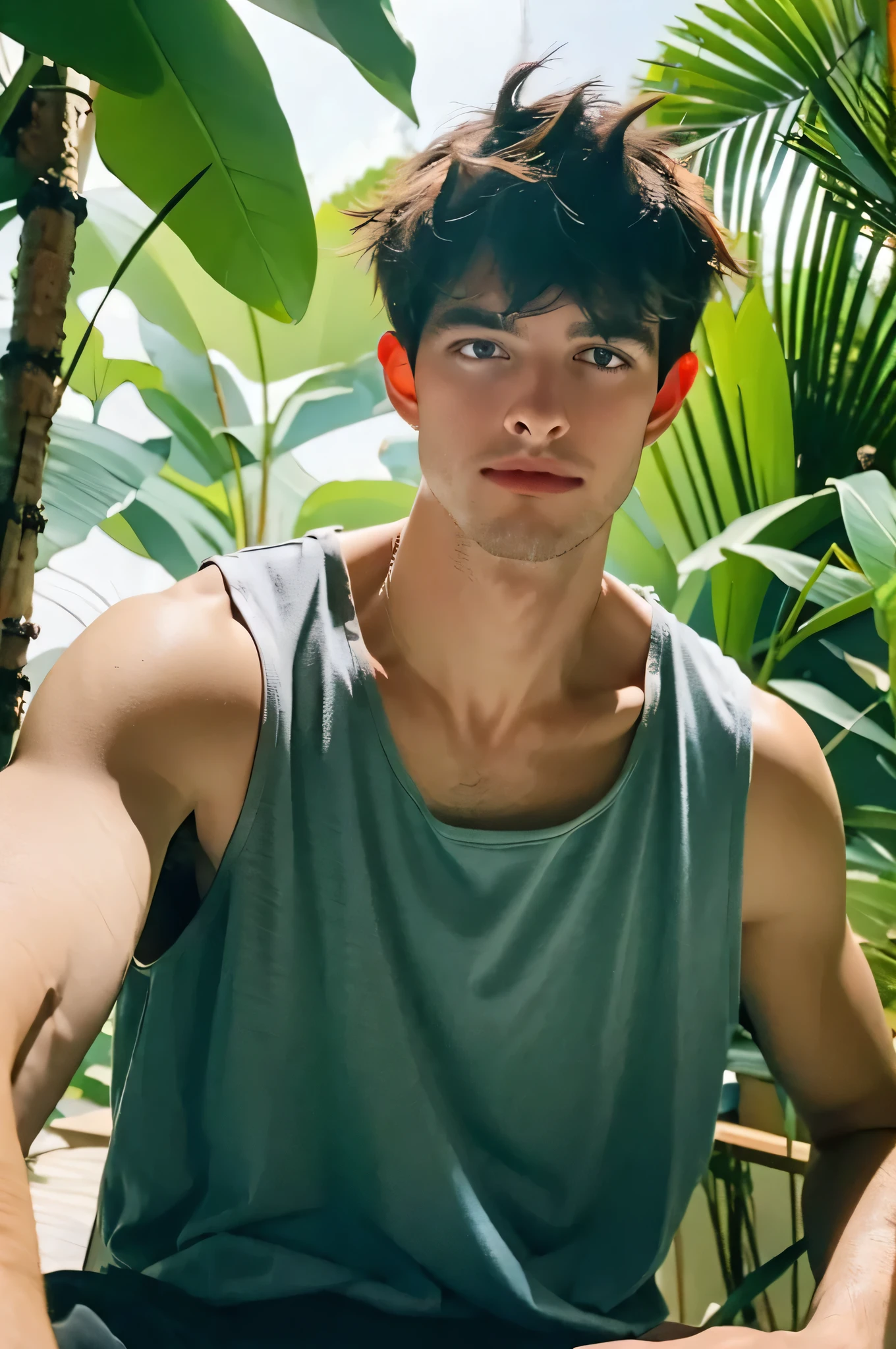 a handsome wearing tank top, upper body, outdoor, 28yo, caucasian, darelljones, ultra realistic, highres, solo, american boy, tropical forest, chill vibe, (masterpiece,best quality:1.5)