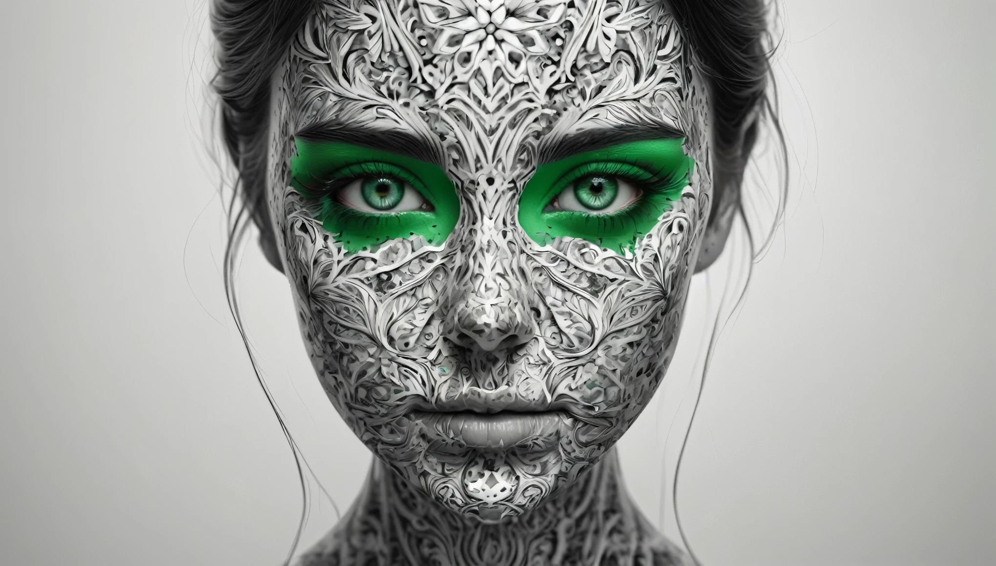 a woman with a black and white pattern on her face, change eye color to stunning green, stunning digital art, complicated digital art, 3 d digital art, 3d digital art, complicated digital artwork, Advanced 3D digital art, amazing detailed digital art, digital complicated art, Detailed 3D digital art, amazing digital art, 4k symmetrical portrait, 4k symmetrical portrait