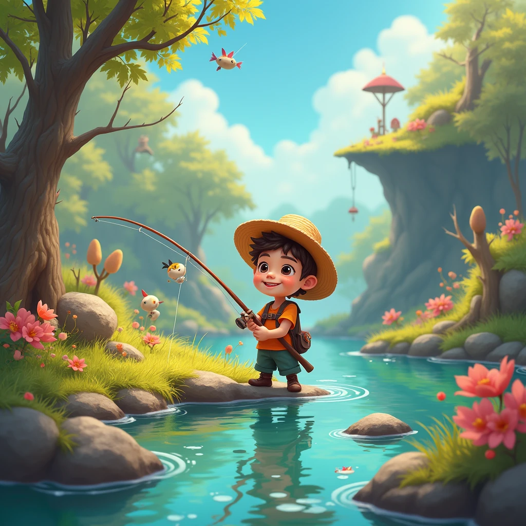angler Fishing, Fantasy cartoon concept art style, cartoon cute digital painting, imaginative, dynamic composition, whimsical expression, adorable, playful character, professional-grade execution, creates immersive world and landscape, brush strokes, (best quality, masterpiece, photorealistic), very aesthetic, perfect composition, intricate details, ultra-detailed, vivid colors