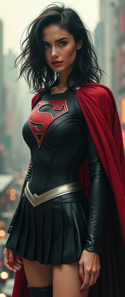A BUSTY SEXY FEMALE WITH MEDIUM LONG MESSY BLACK HAIR, DREAMY GREEN EYES, WEARING A ONE PIECE BLACK SUPERGIRL TOP WITH A BIG SHINY SILVER "S" EMBLEM ON HER CHEST, A PLEATED SHORT BLACK SKIRT WITH A SILVER LEATHER BELT, LONG BLACK BOOTS WITH SILVER TRIM, AND A LONG BLACK AND RED CAPE. RED LIPSTICK, RED FINGERNAILS. INCREDIBLY DETAILED PALE WHITE SKIN, INCREDIBLEY DETAILED FACE, INCREDIDBLEY DETAILED CLOTHING, TEXTURED SKIN PORES, TEXTURED HAIR, 8K ABSURD RESOLUTION, MASTERPIECE. PHOTO REALSITIC, HYPER REALISTIC. CHAOTIC BACKGROUND. 16K RESOLUTION. PREFESSIONAL GRADE IMAGE.