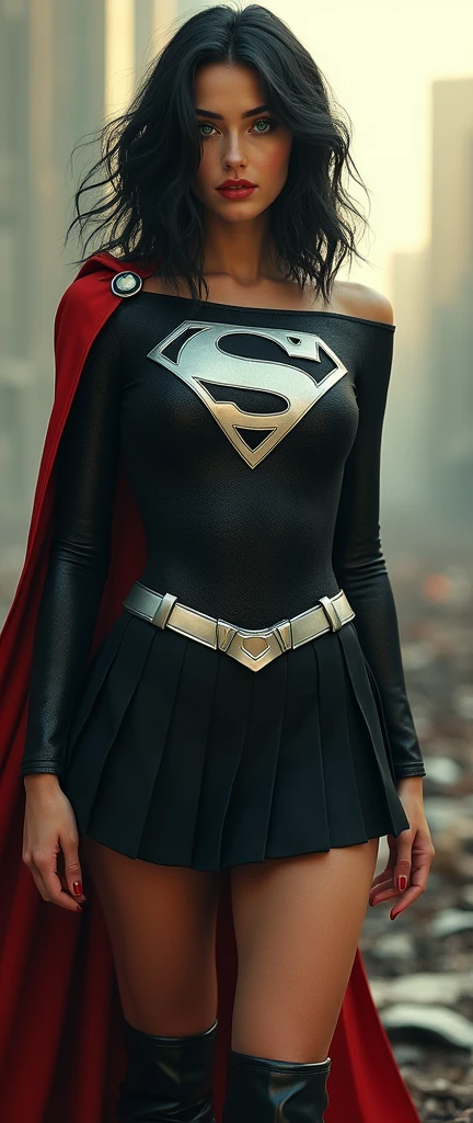 A BUSTY SEXY FEMALE WITH MEDIUM LONG MESSY BLACK HAIR, DREAMY GREEN EYES, WEARING A ONE PIECE BLACK SUPERGIRL TOP WITH A BIG SHINY SILVER "S" EMBLEM ON HER CHEST, A PLEATED SHORT BLACK SKIRT WITH A SILVER LEATHER BELT, LONG BLACK BOOTS WITH SILVER TRIM, AND A LONG BLACK AND RED CAPE. RED LIPSTICK, RED FINGERNAILS. INCREDIBLY DETAILED PALE WHITE SKIN, INCREDIBLEY DETAILED FACE, INCREDIDBLEY DETAILED CLOTHING, TEXTURED SKIN PORES, TEXTURED HAIR, 8K ABSURD RESOLUTION, MASTERPIECE. PHOTO REALSITIC, HYPER REALISTIC. CHAOTIC BACKGROUND. 16K RESOLUTION. PREFESSIONAL GRADE IMAGE.