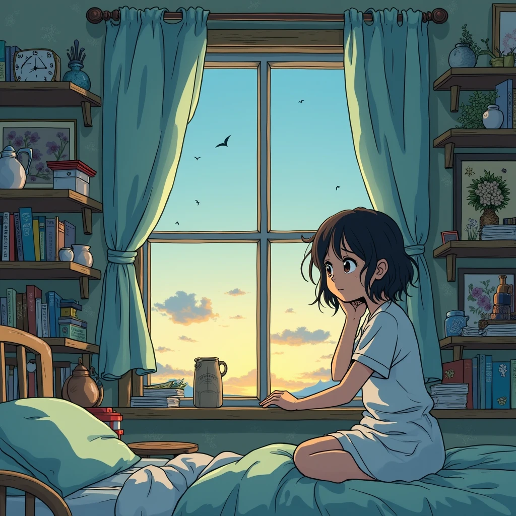a Studio Ghibli style illustration of a tired woman leaning out of open bedroom window, cluttered room, evening setting