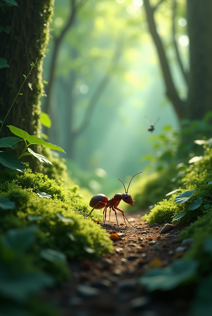 an ant moving in the forest