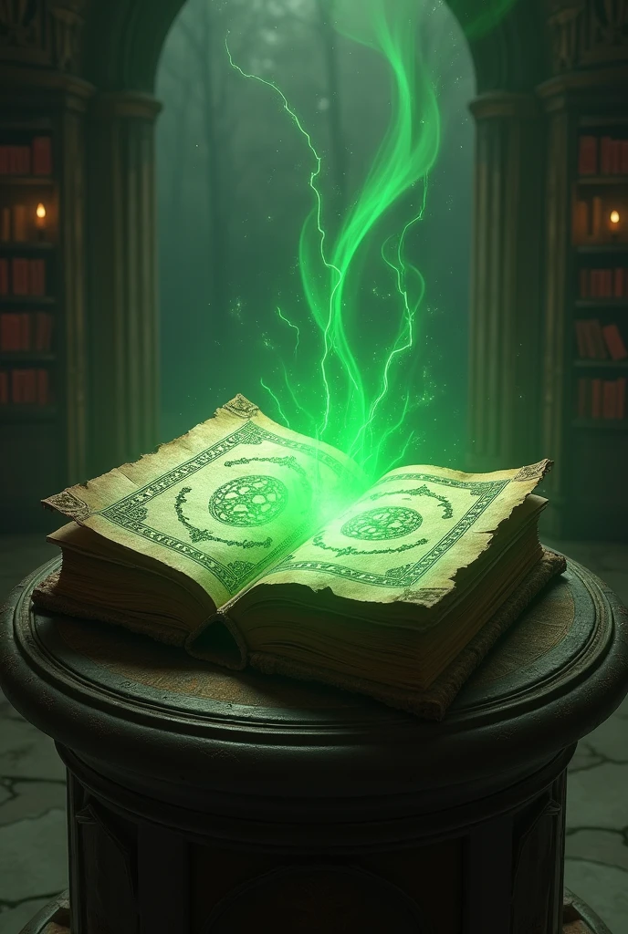 Closed RPG magic book releasing green rays