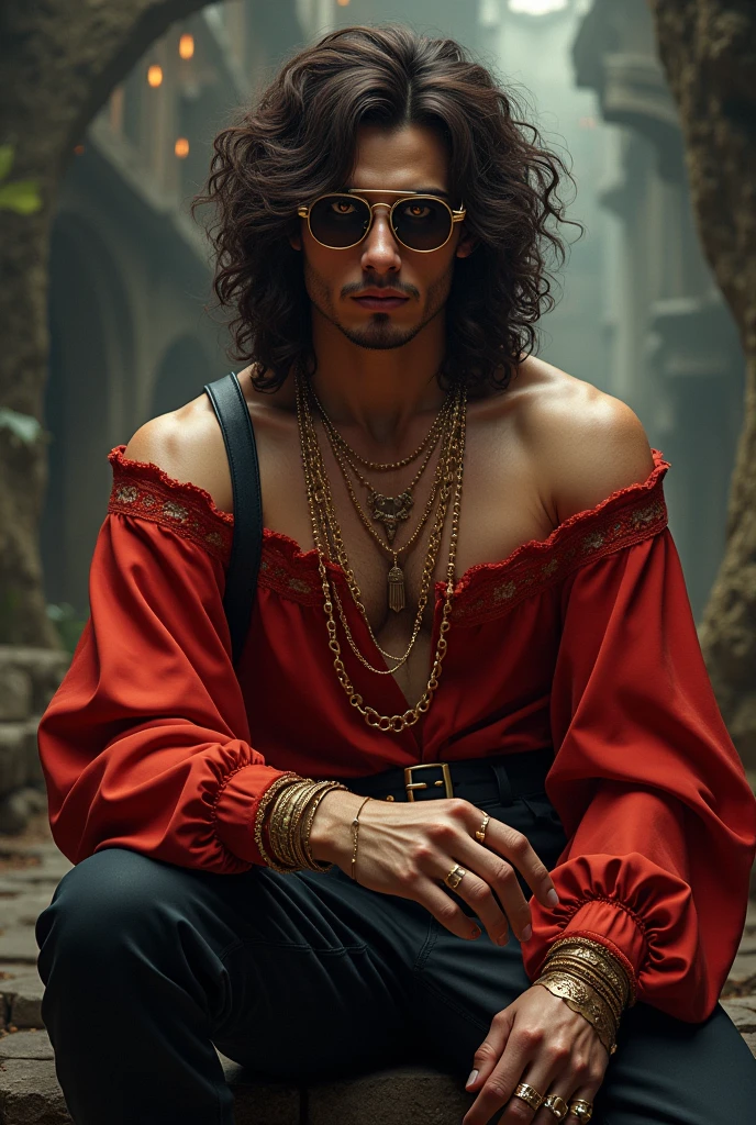 Dark brown hair is fluffy and curly, amber colored eyes, Swarthy guy, red off-shoulder blouse with wide sleeves and gold patterns, tight pants, shoulder bag, стилистика dark fantasy. gold jewelry, rings, glasses with dark lenses and chains.